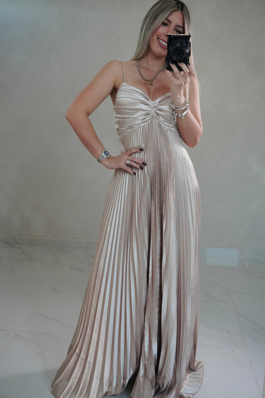 PLEATED CHAMPAGNE MAXI DRESS