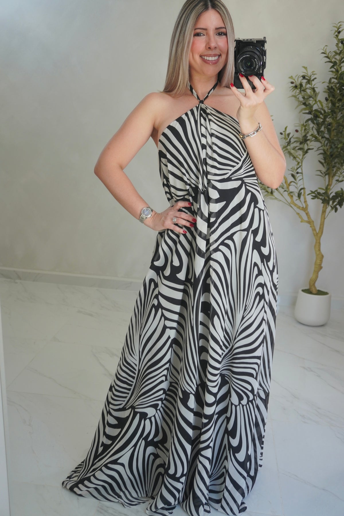 ABSTRACT HALTER MAXI DRESS