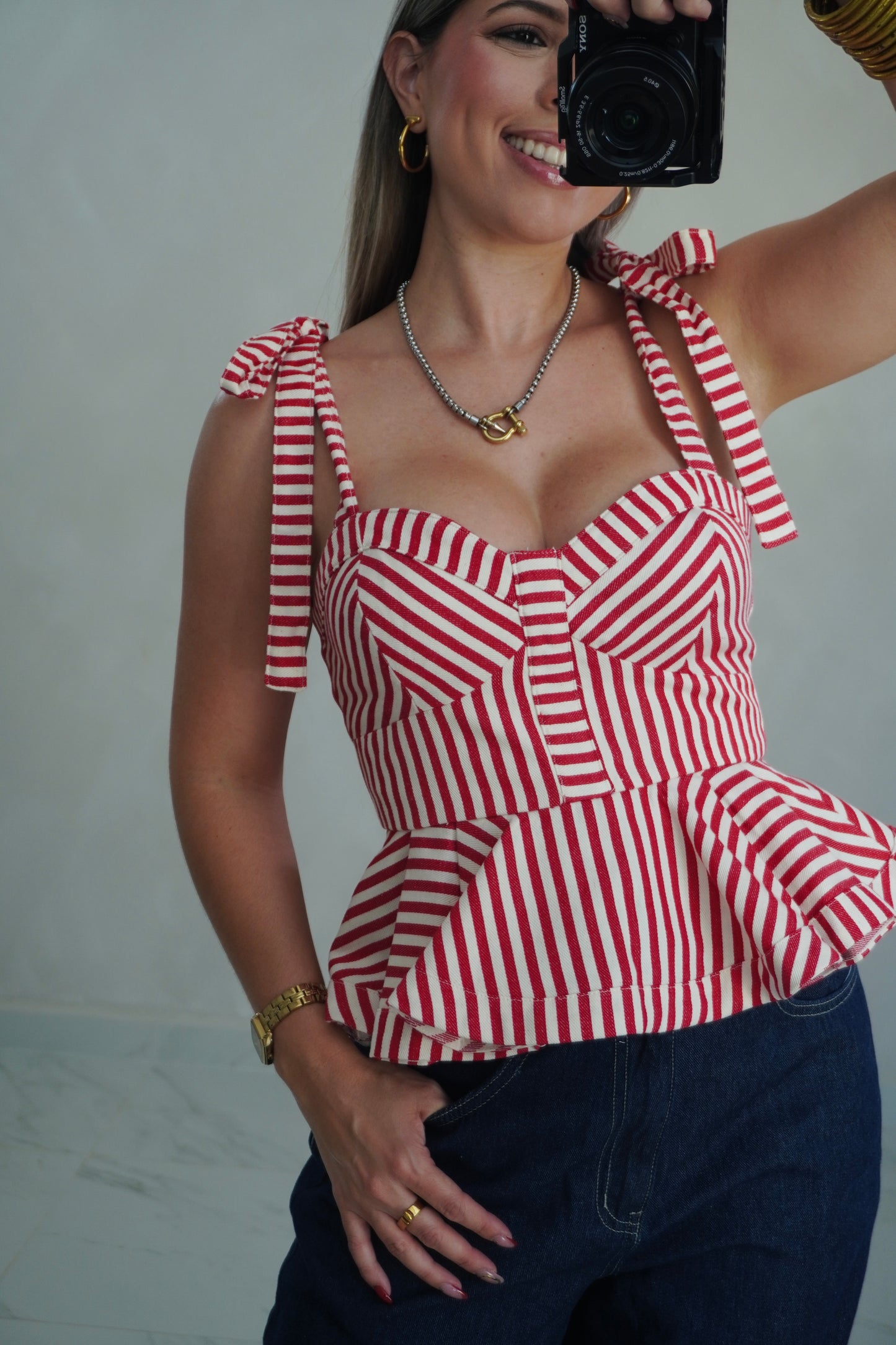 PEPLUM BOW TIE TOP - RED