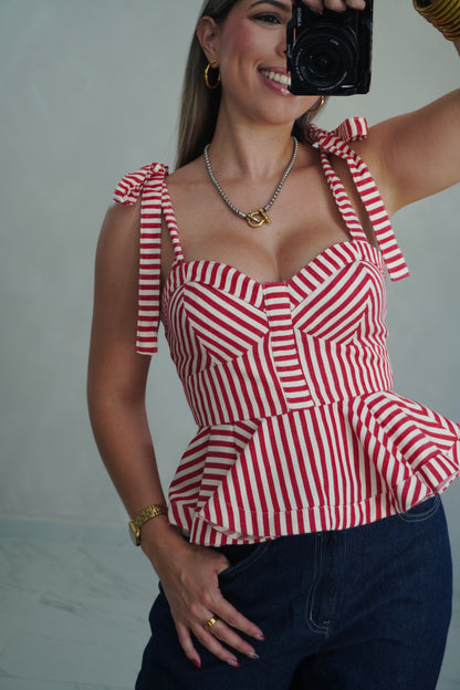 PEPLUM BOW TIE TOP - RED