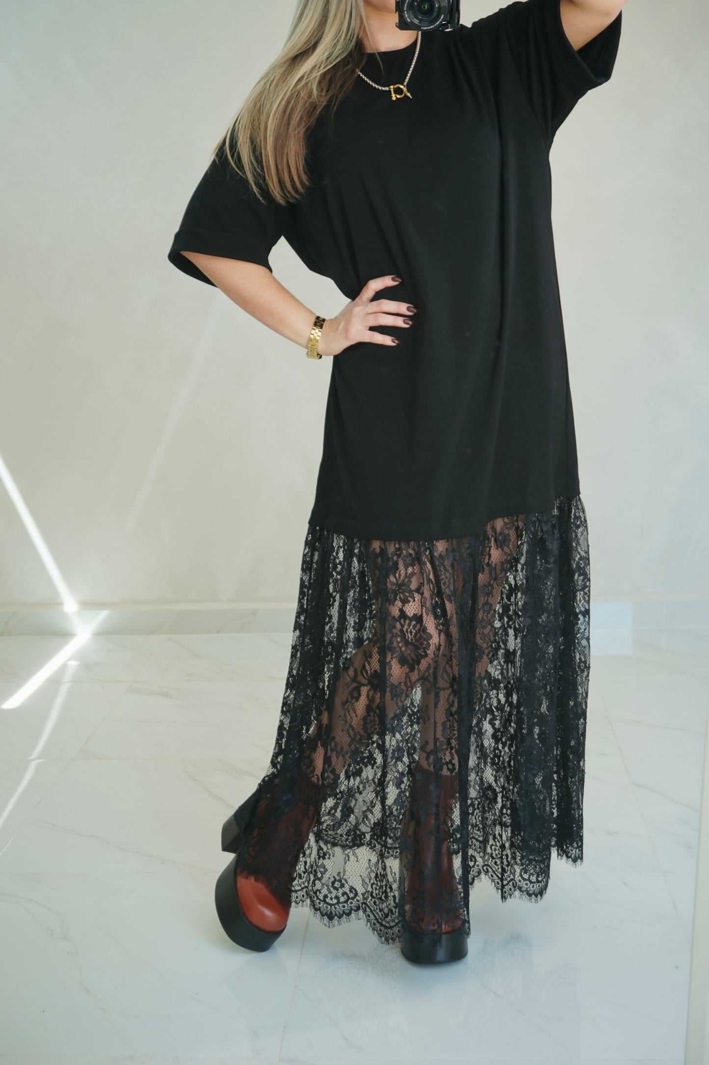 OVERSIZED SHIRT LACE DRESS