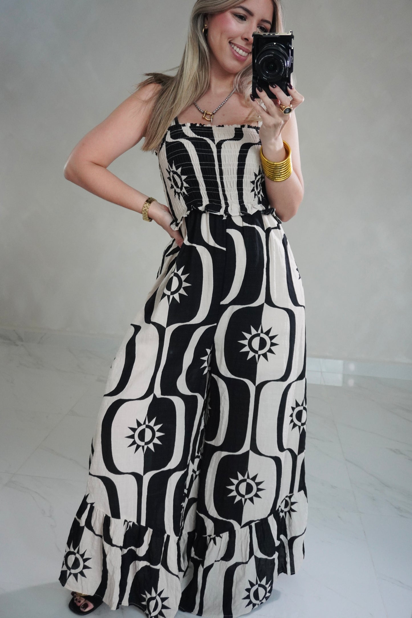 SMOCKED PRINTED JUMPSUIT