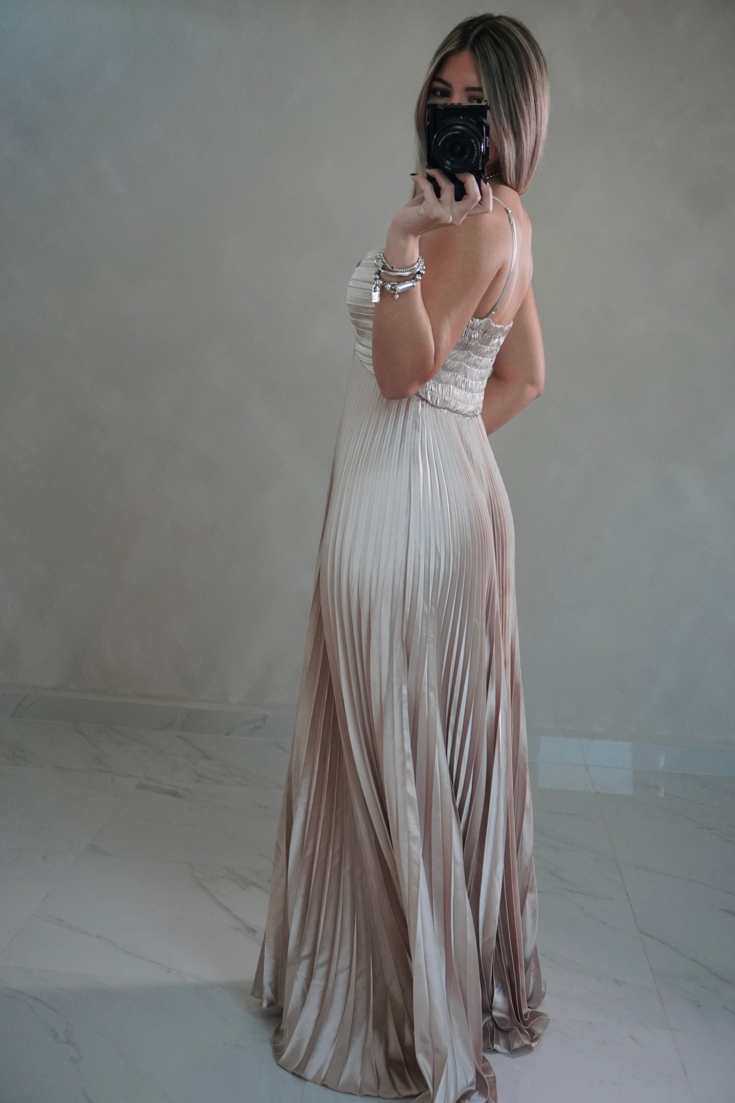 PLEATED CHAMPAGNE MAXI DRESS