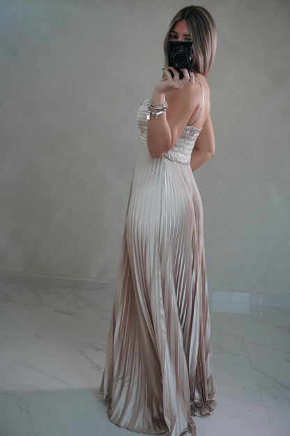 PLEATED CHAMPAGNE MAXI DRESS