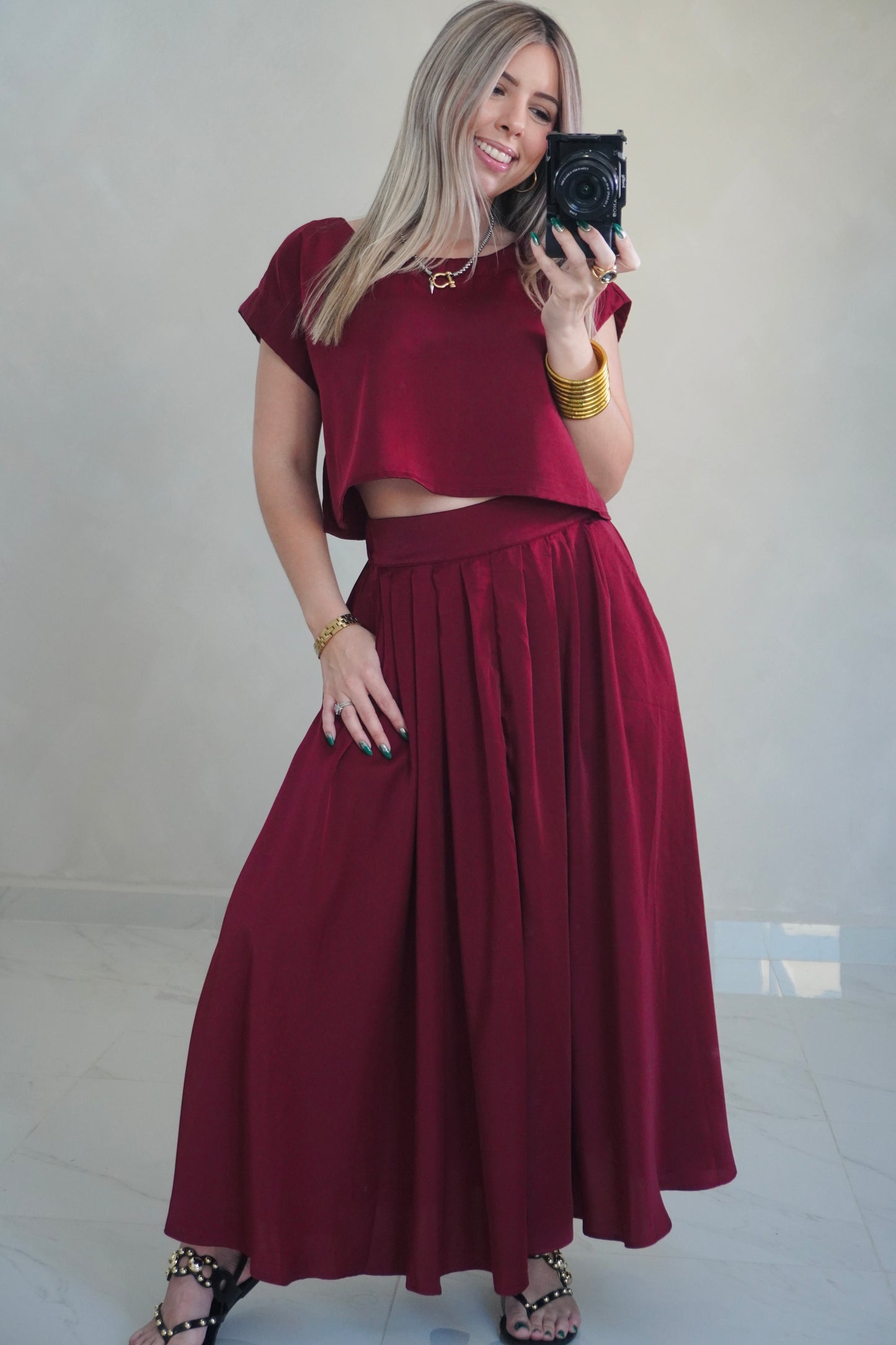 SATIN SKIRT SET - BURGUNDY
