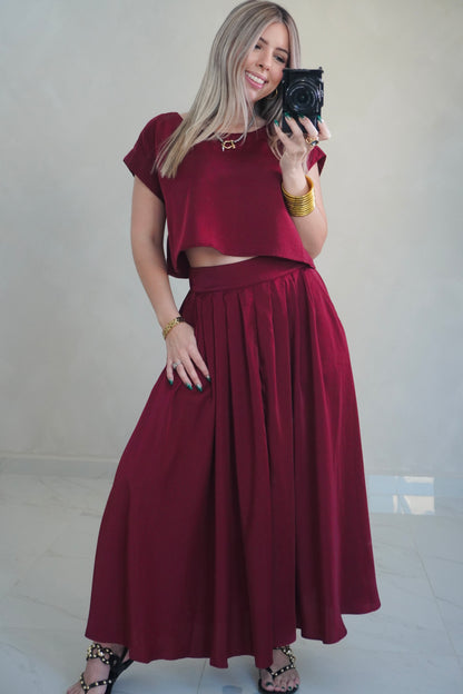 SATIN SKIRT SET - BURGUNDY