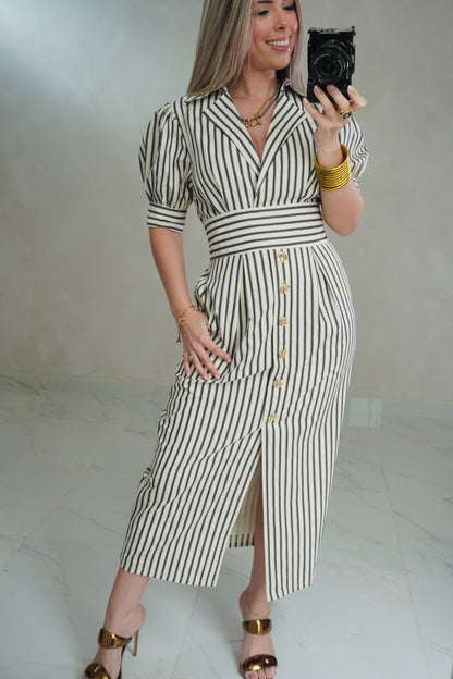 STRIPE SLEEVE MIDI DRESS