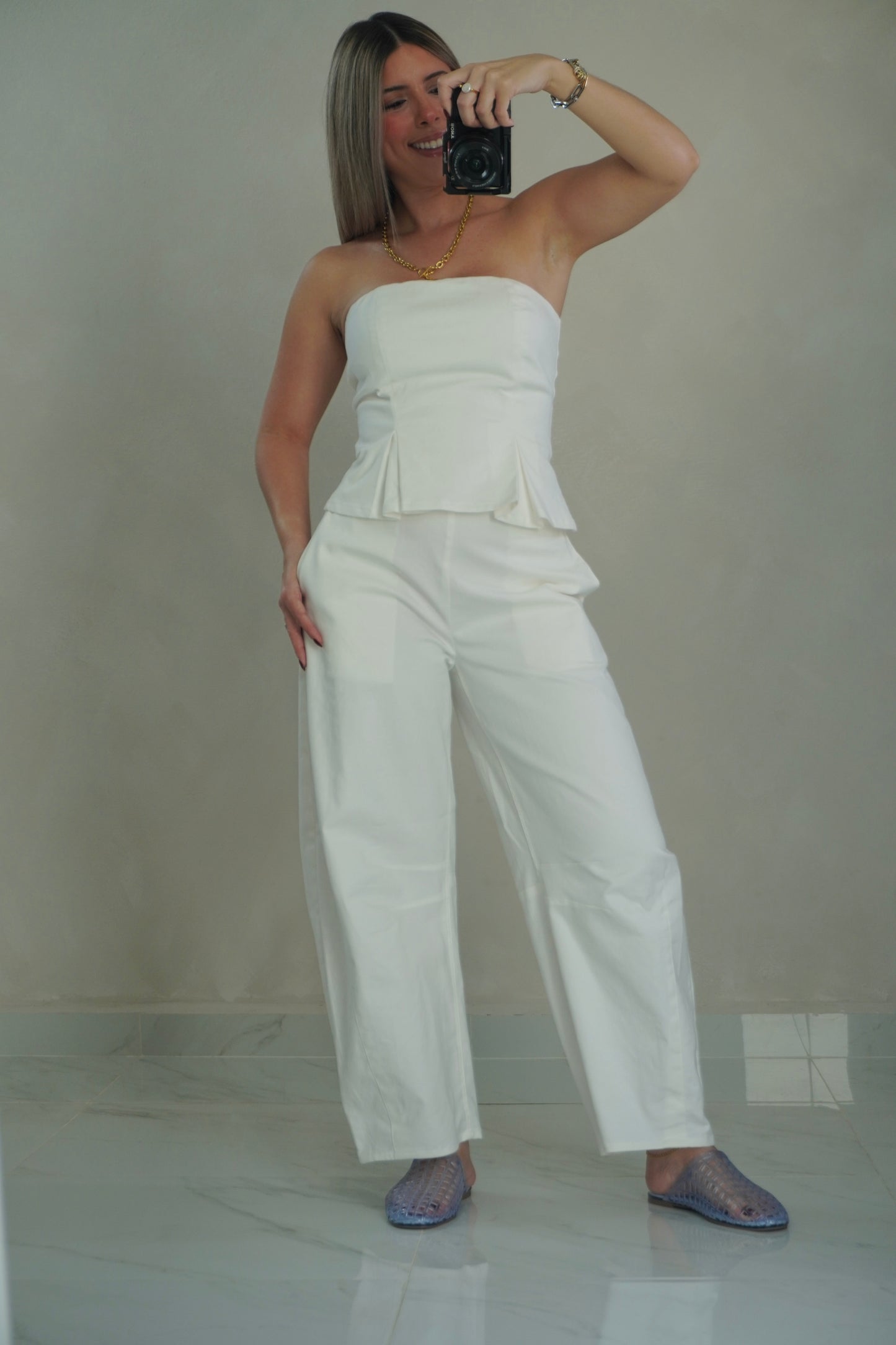 STRAPLESS PEPLUM BARREL JUMPSUIT