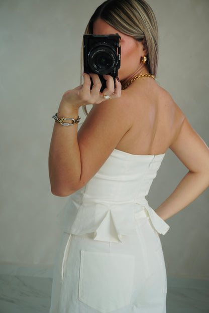 STRAPLESS PEPLUM BARREL JUMPSUIT