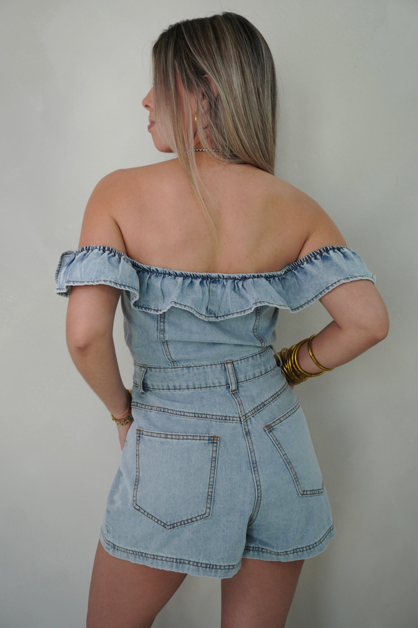OFF SHOULDER DENIM ROMPER
