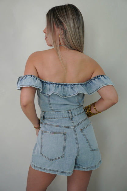 OFF SHOULDER DENIM ROMPER