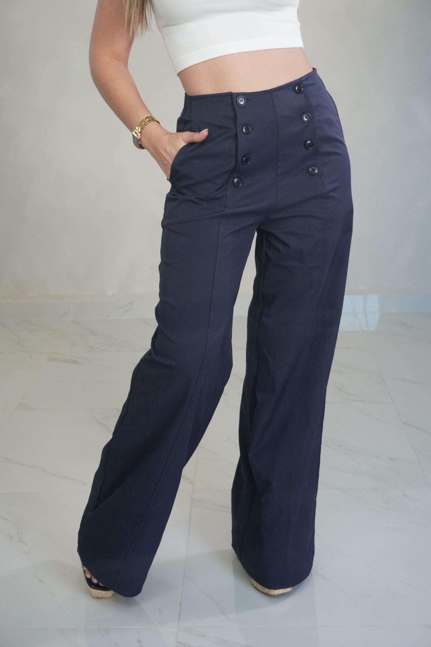 BUTTON FRONT WIDE LEG PANTS