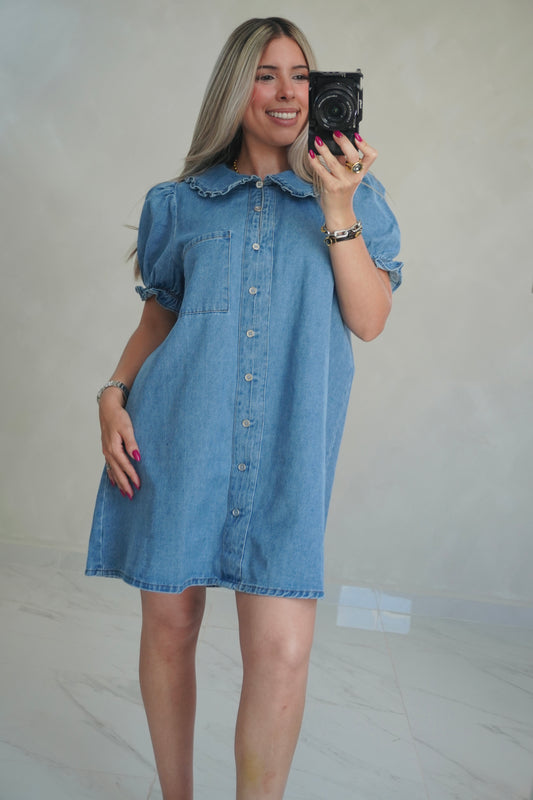 DENIM PUFF SLEEVES DRESS
