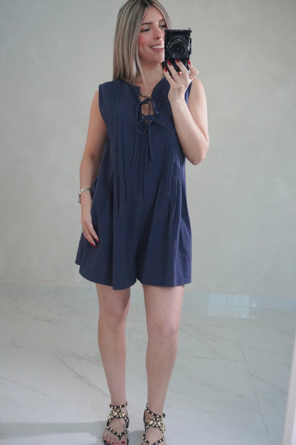 NAVY PLEATED ROMPER