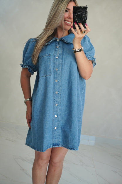 DENIM PUFF SLEEVES DRESS