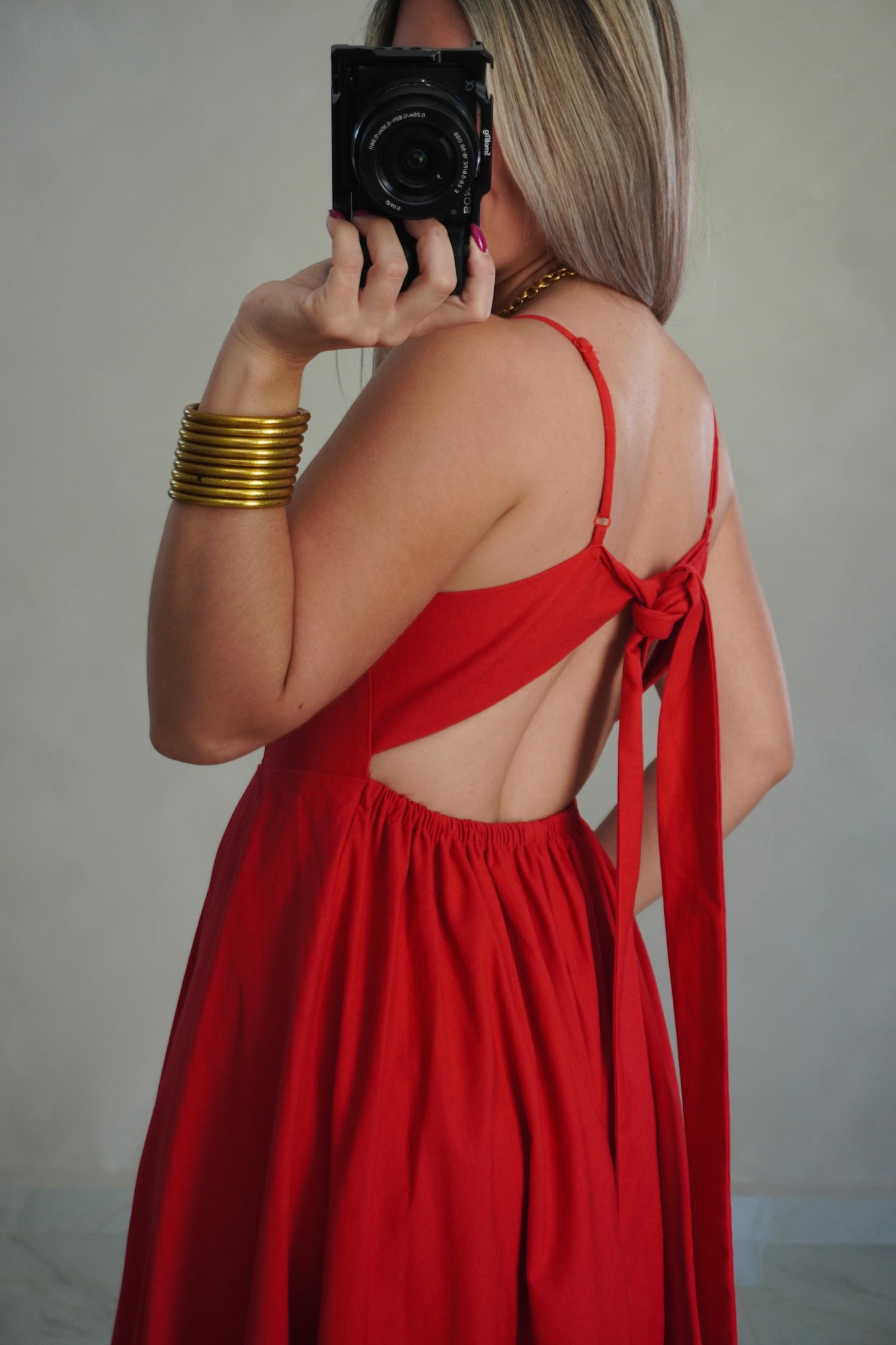 RED LINEN MIDI DRESS